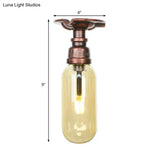 One Light Capsule Semi Flush Industrial Weathered Copper Amber Glass Fixture With Pipe Design
