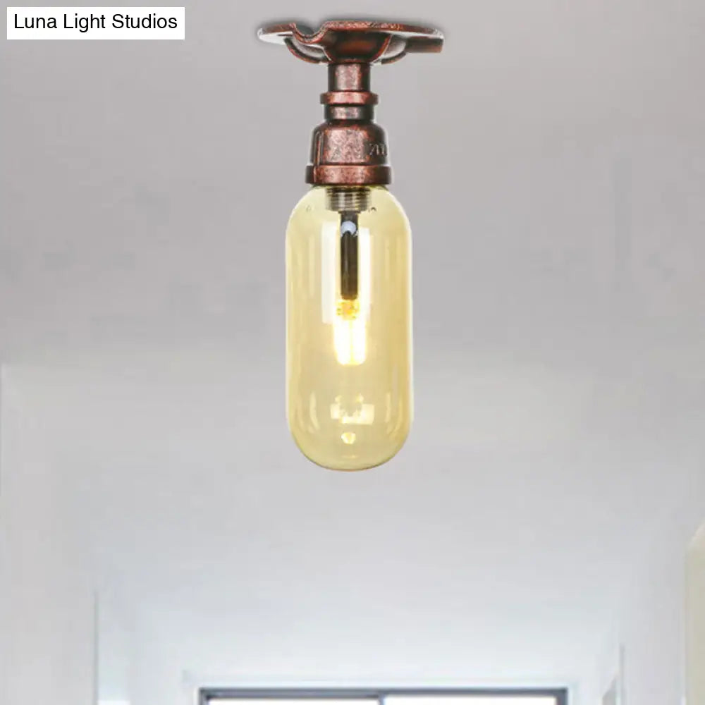 One Light Capsule Semi Flush Industrial Weathered Copper Amber Glass Fixture With Pipe Design