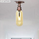 One Light Capsule Semi Flush Industrial Weathered Copper Amber Glass Fixture With Pipe Design