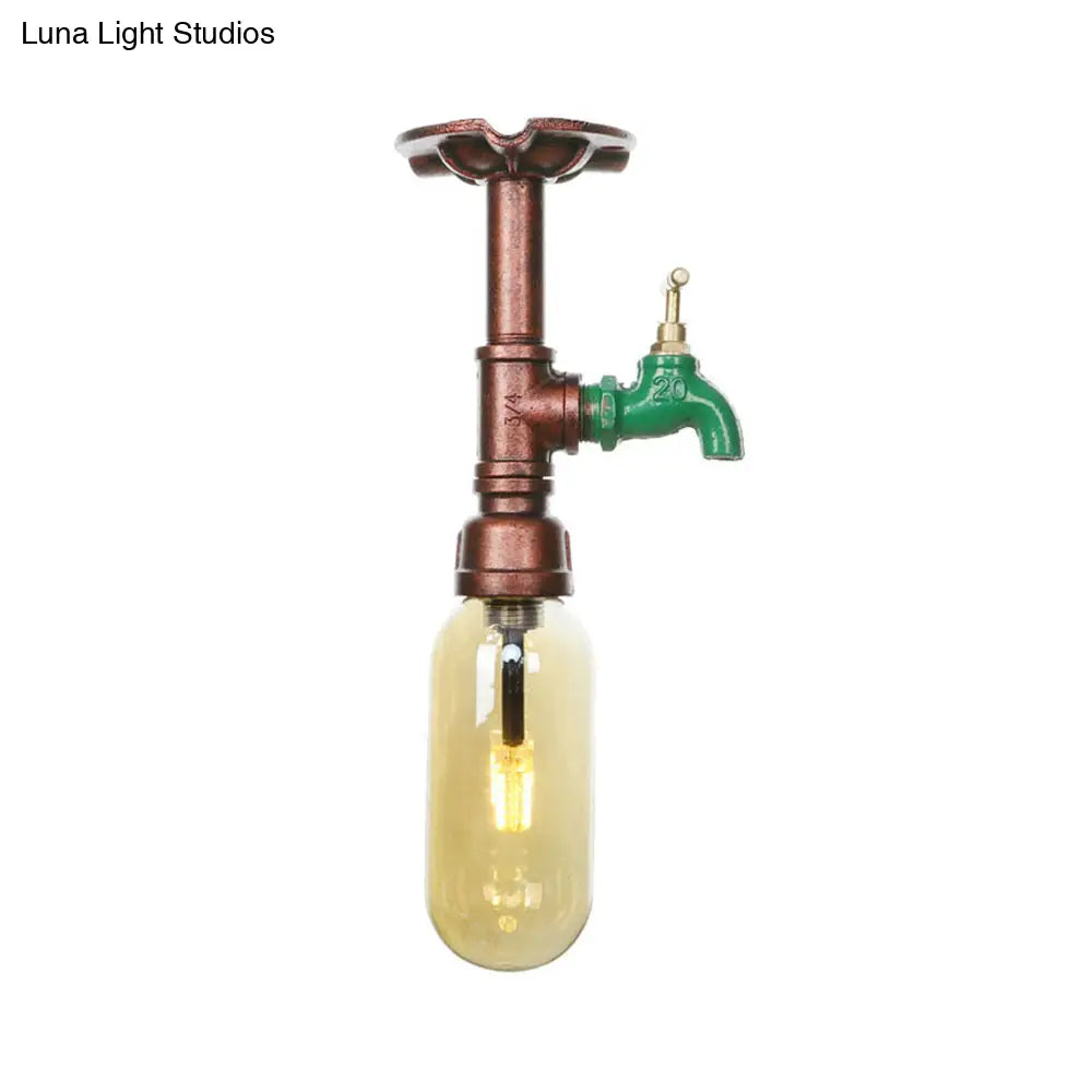 One Light Capsule Semi Flush Industrial Weathered Copper Amber Glass Fixture With Pipe Design