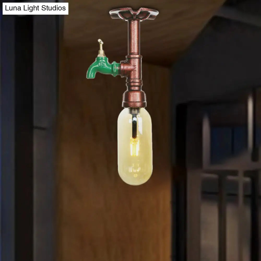 One Light Capsule Semi Flush Industrial Weathered Copper Amber Glass Fixture With Pipe Design