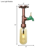 One Light Capsule Semi Flush Industrial Weathered Copper Amber Glass Fixture With Pipe Design