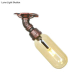 One Light Capsule Semi Flush Industrial Weathered Copper Amber Glass Fixture With Pipe Design