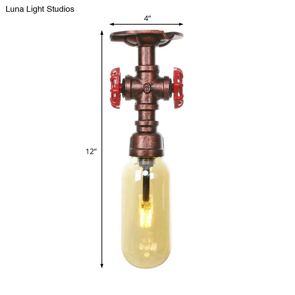 One Light Capsule Semi Flush Industrial Weathered Copper Amber Glass Fixture With Pipe Design