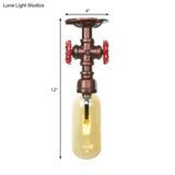 One Light Capsule Semi Flush Industrial Weathered Copper Amber Glass Fixture With Pipe Design