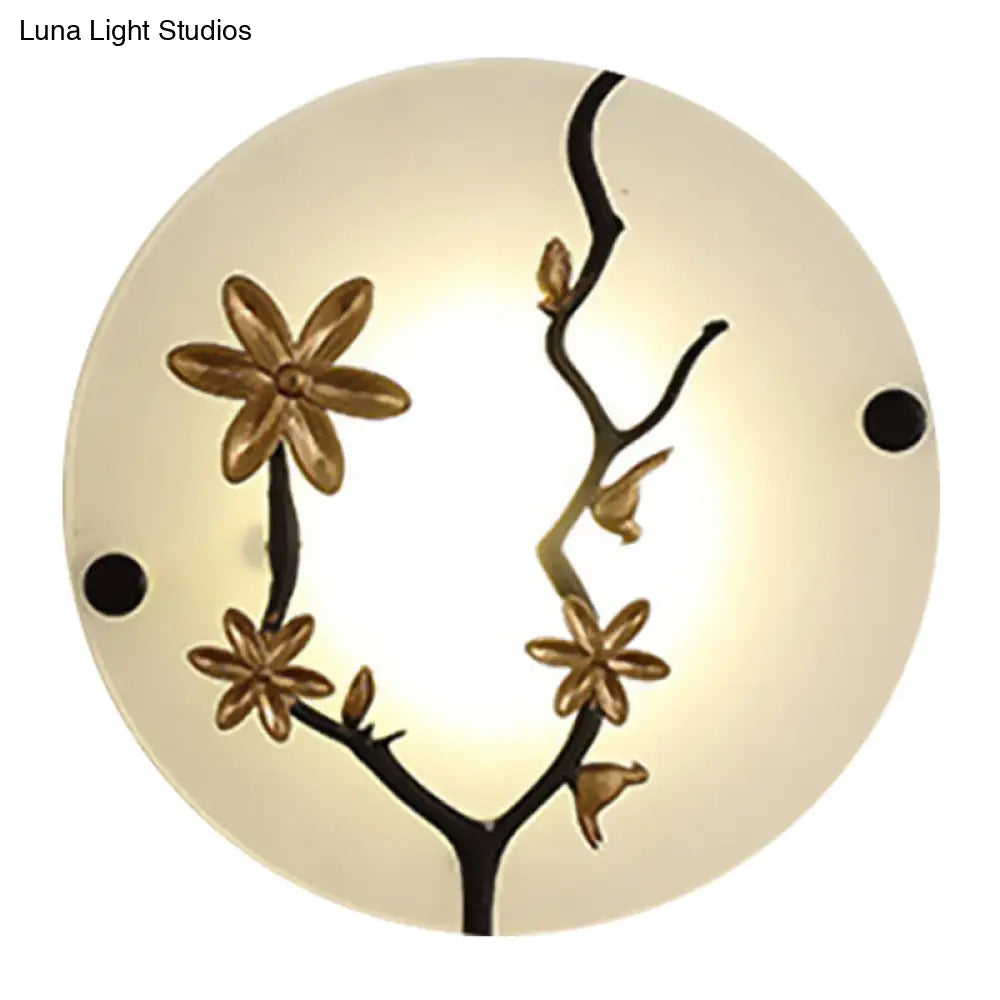 Opal Frosted Glass Led Wall Lamp In Gold - Flower Branch Bedside Mural Asia-Inspired Mounted Light