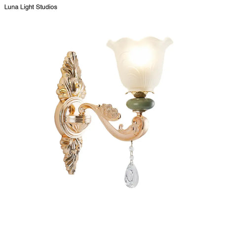 Opal Frosted Glass Ruffle Shade Wall Sconce Light In Gold Traditional Half-Bulb Lighting