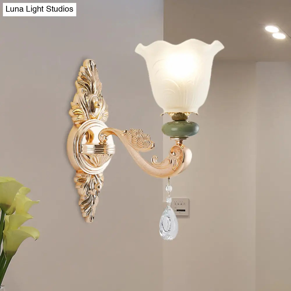 Opal Frosted Glass Ruffle Shade Wall Sconce Light In Gold Traditional Half-Bulb Lighting