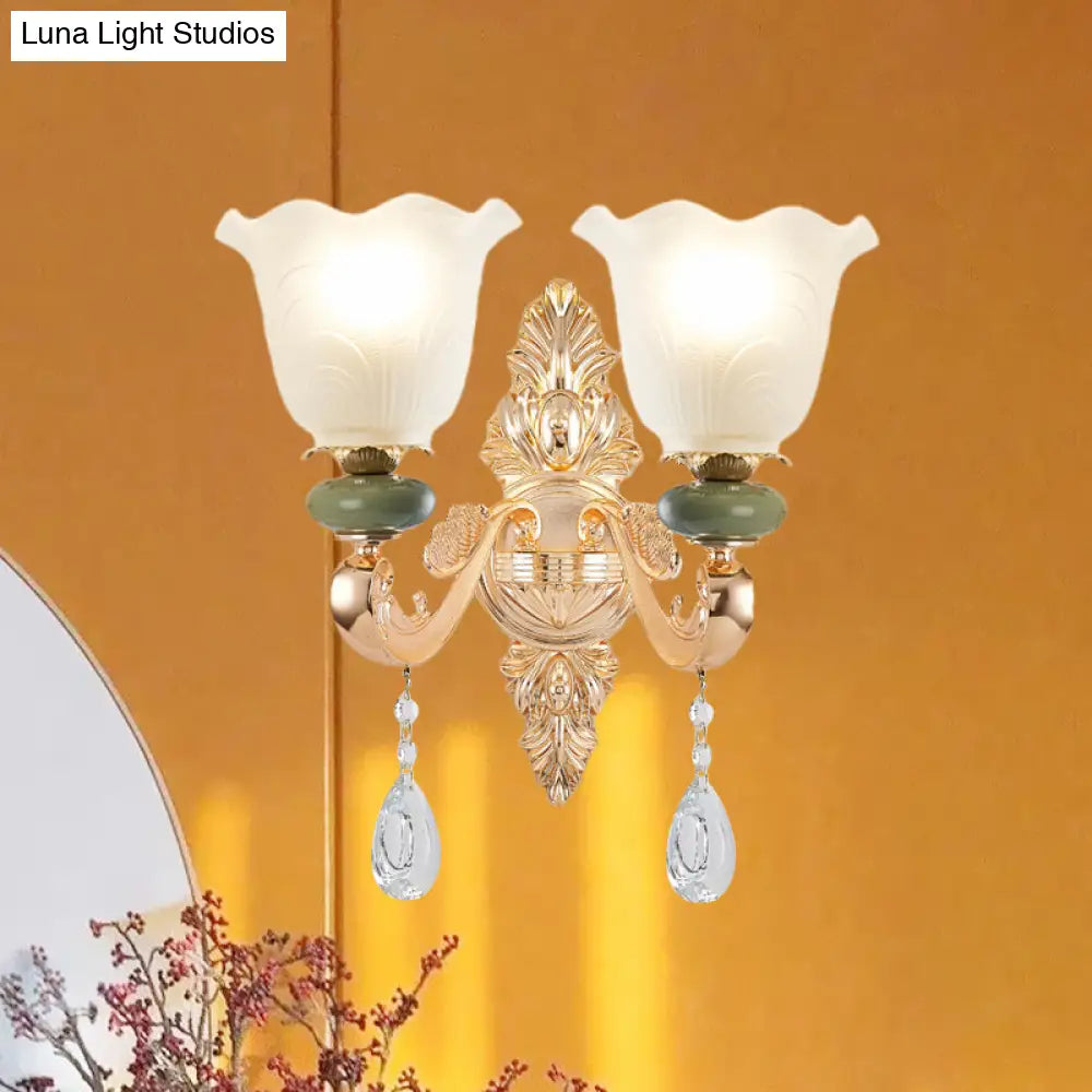 Opal Frosted Glass Ruffle Shade Wall Sconce Light In Gold Traditional Half-Bulb Lighting