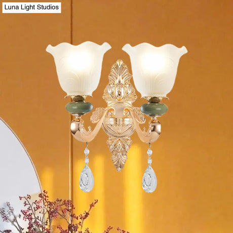 Opal Frosted Glass Ruffle Shade Wall Sconce Light In Gold Traditional Half-Bulb Lighting
