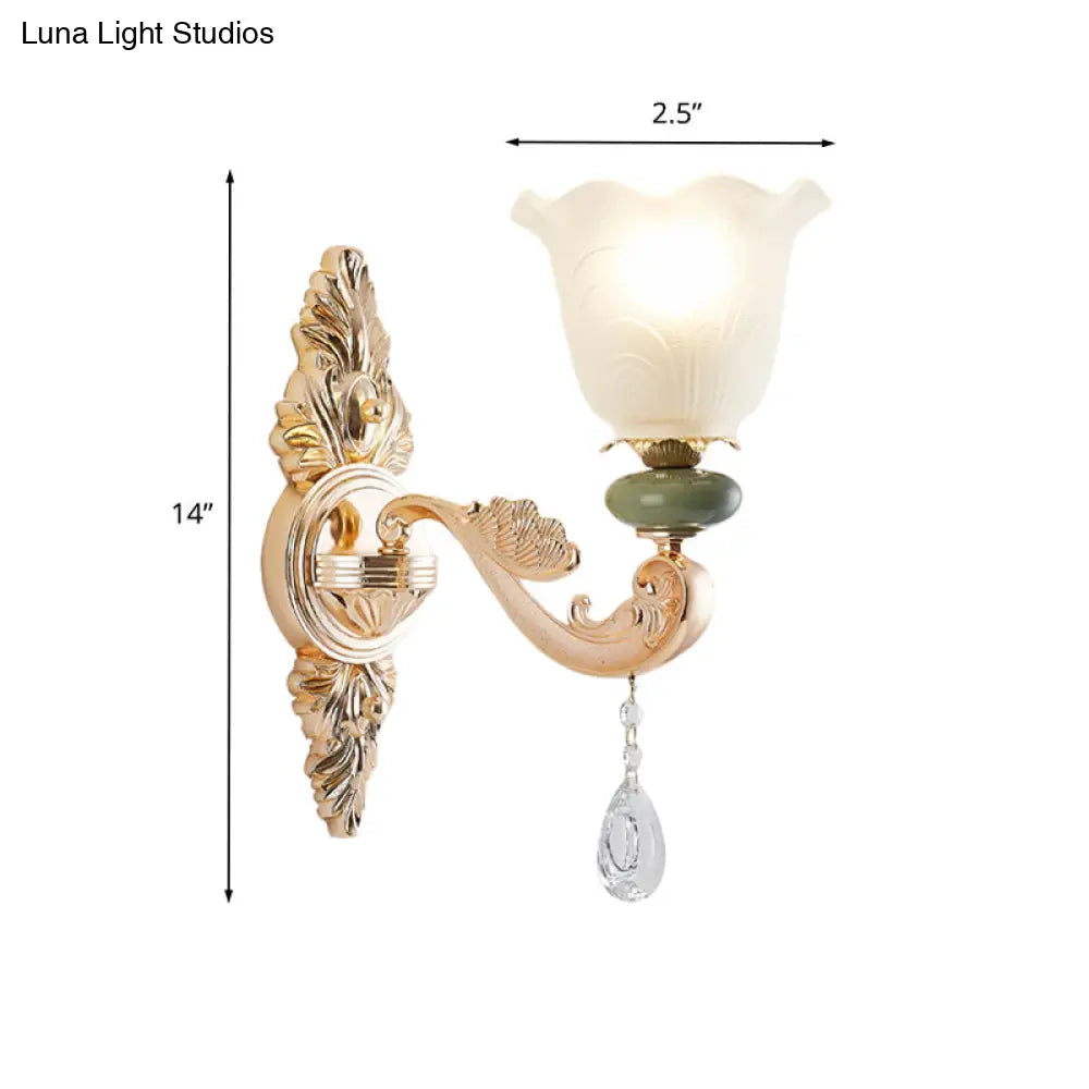 Opal Frosted Glass Ruffle Shade Wall Sconce Light In Gold Traditional Half-Bulb Lighting