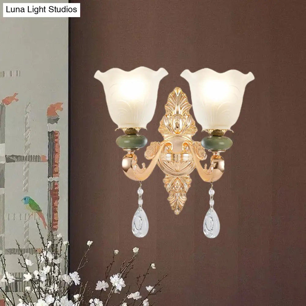 Opal Frosted Glass Ruffle Shade Wall Sconce Light In Gold Traditional Half-Bulb Lighting