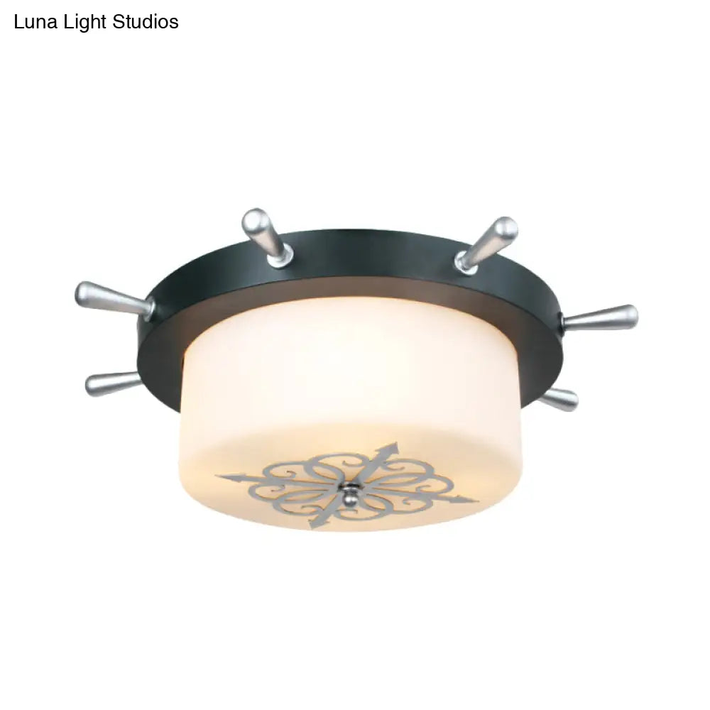 Opal Glass Drum Flush Mount Fixture - 3 Bulbs White/Light Blue/Blackish Green