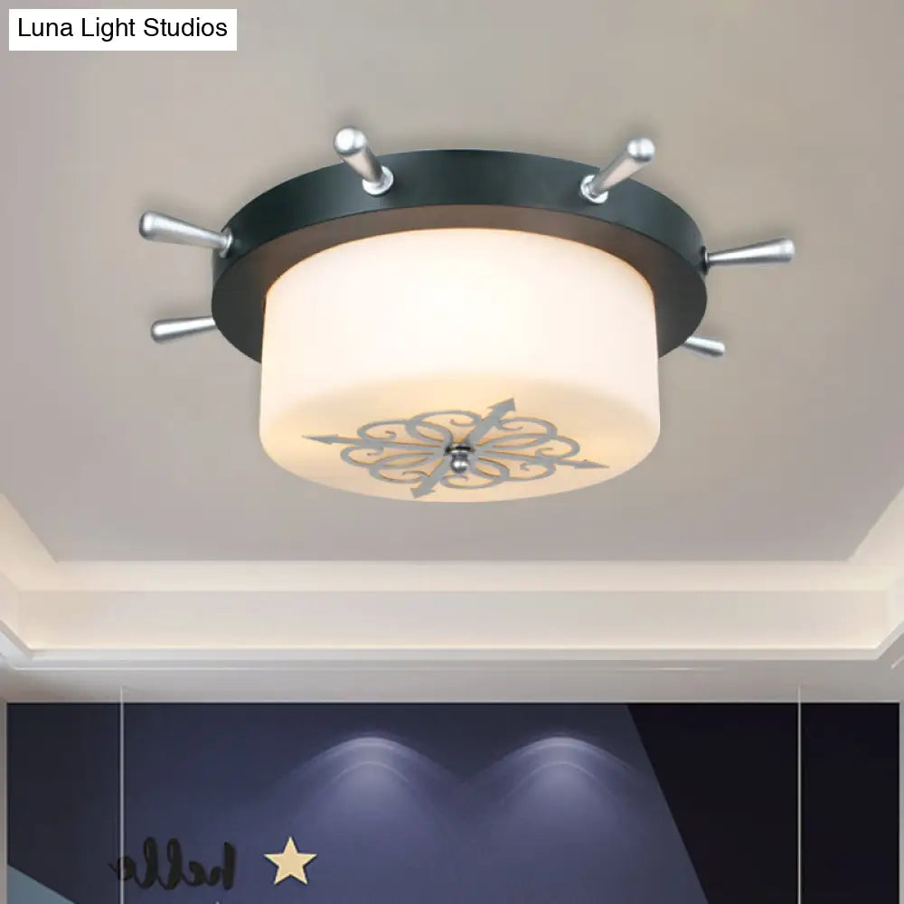 Opal Glass Drum Flush Mount Fixture - 3 Bulbs White/Light Blue/Blackish Green
