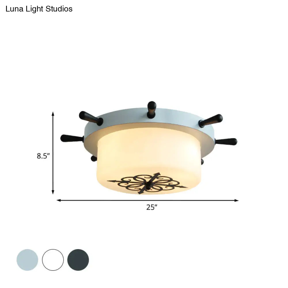 Opal Glass Drum Flush Mount Fixture - 3 Bulbs White/Light Blue/Blackish Green
