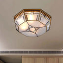 Opal Glass Flush Light With 3 Heads - Brass Finish Octagonal Shape Bedroom Ceiling Lighting