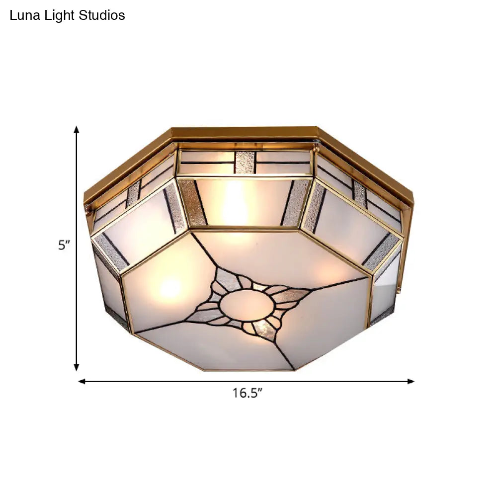 Opal Glass Flush Light With 3 Heads - Brass Finish Octagonal Shape Bedroom Ceiling Lighting