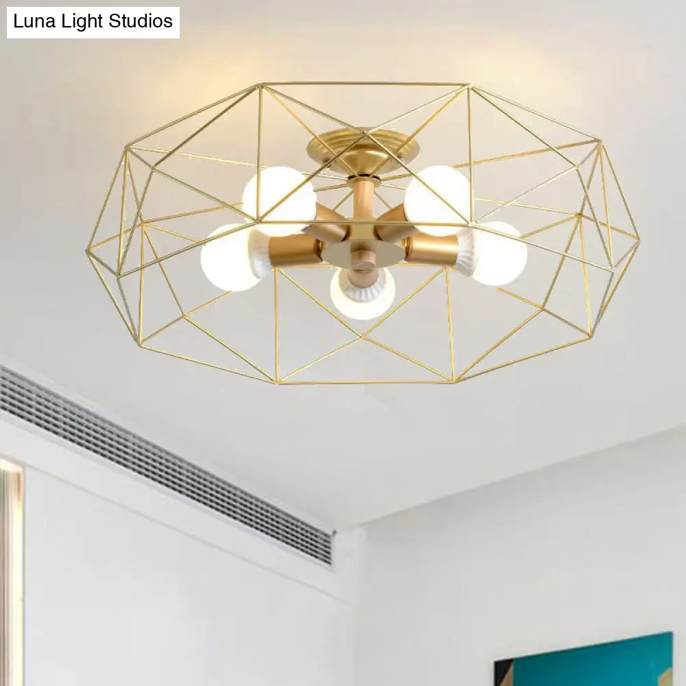 Opal Glass Geometric Semi Flush Gold Light Fixture For Industrial Bedroom - 3/4/5 Lights