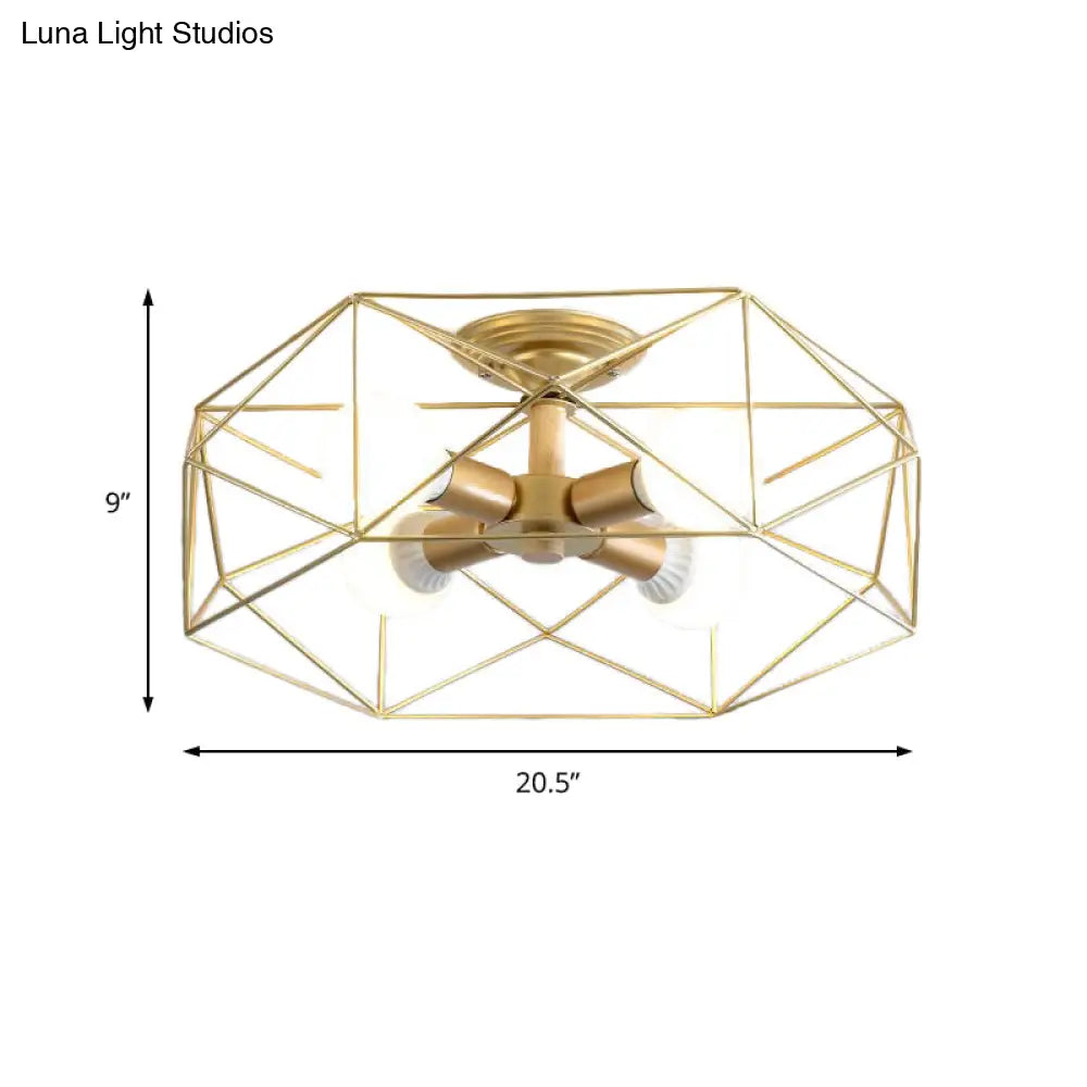 Opal Glass Geometric Semi Flush Gold Light Fixture For Industrial Bedroom - 3/4/5 Lights