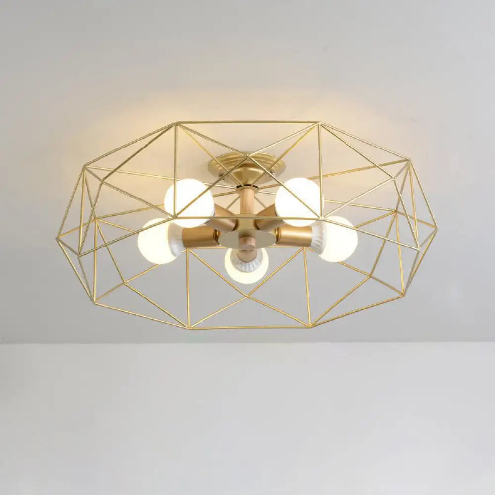Opal Glass Geometric Semi Flush Gold Light Fixture For Industrial Bedroom - 3/4/5 Lights 5 /