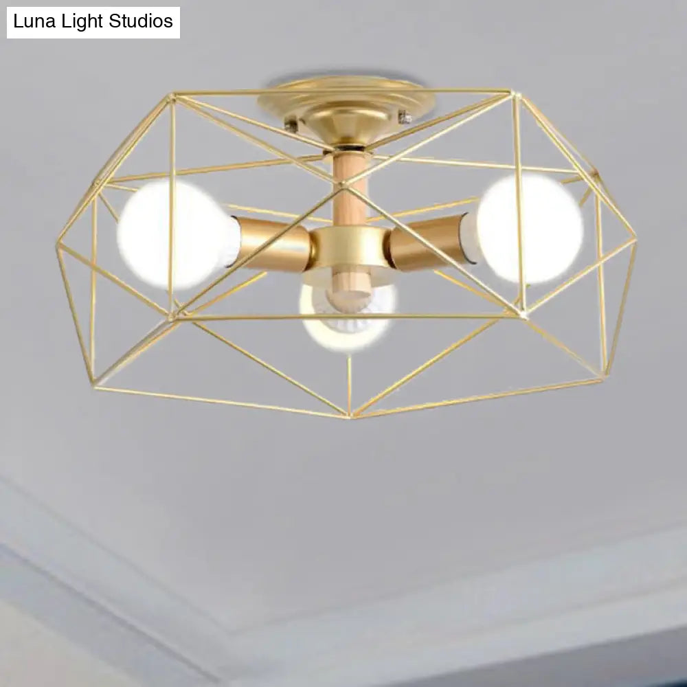 Opal Glass Geometric Semi Flush Gold Light Fixture For Industrial Bedroom - 3/4/5 Lights
