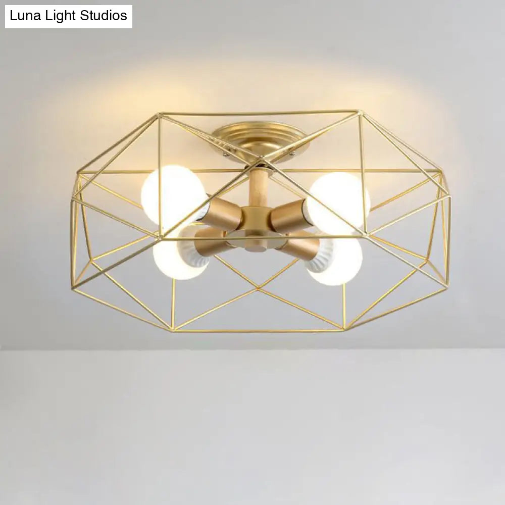 Opal Glass Geometric Semi Flush Gold Light Fixture For Industrial Bedroom - 3/4/5 Lights