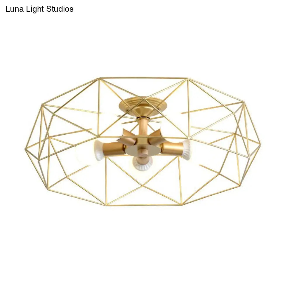 Opal Glass Geometric Semi Flush Gold Light Fixture For Industrial Bedroom - 3/4/5 Lights