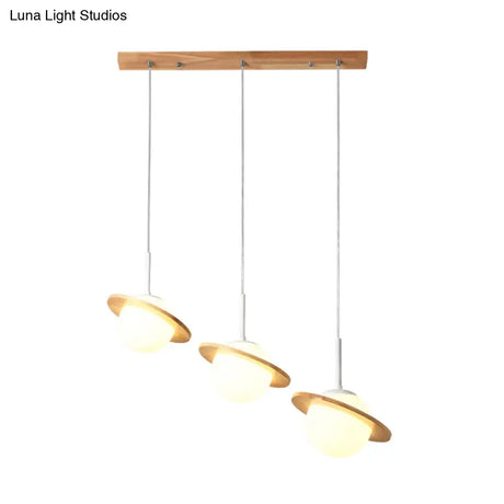 Opal Glass Globe Pendant Light With Wood Detail - 3 Heads For Contemporary Dining Room Ceiling
