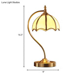 Opal Glass Gold Table Lamp - Scalloped Colonial Style Night Light With Curved Arm