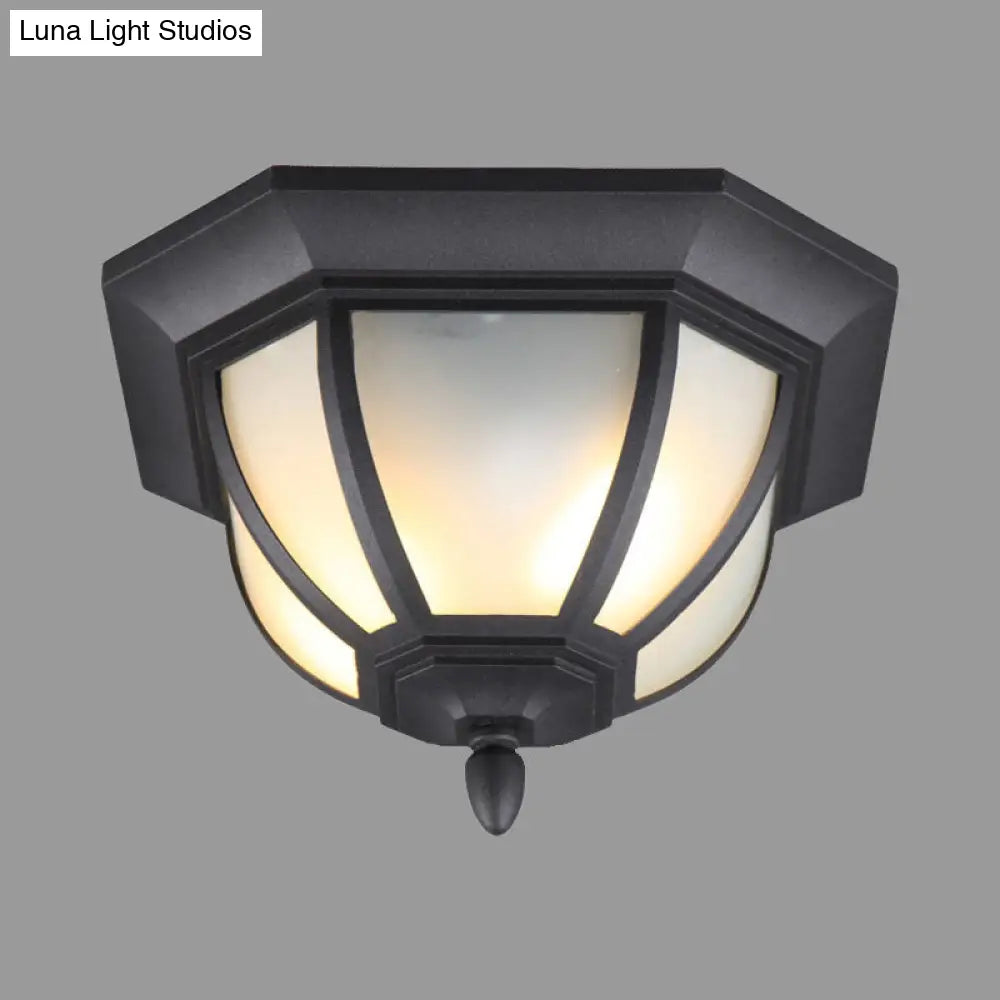 Opal Glass Industrial Flush Ceiling Light - Outdoor Black Mount With 2 Lights