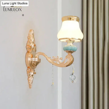 Opal Glass K9 Crystal Wall Light Classic Living Room Lighting Fixture With Accent In Gold