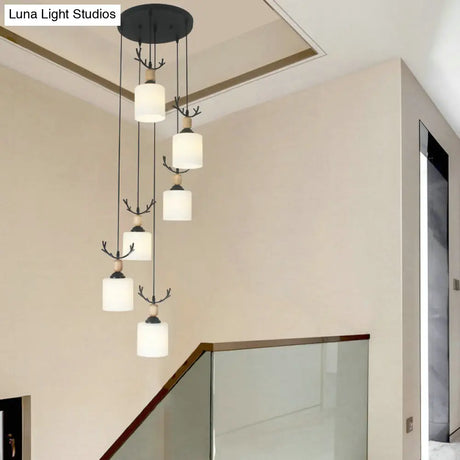 Opal Glass Modern Cylinder Pendant Light With Black Canopy For Stairs