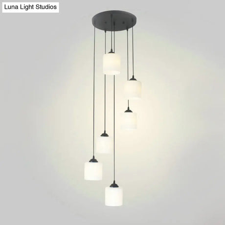 Opal Glass Modern Cylinder Pendant Light With Black Canopy For Stairs