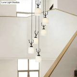 Opal Glass Modern Cylinder Pendant Light With Black Canopy For Stairs