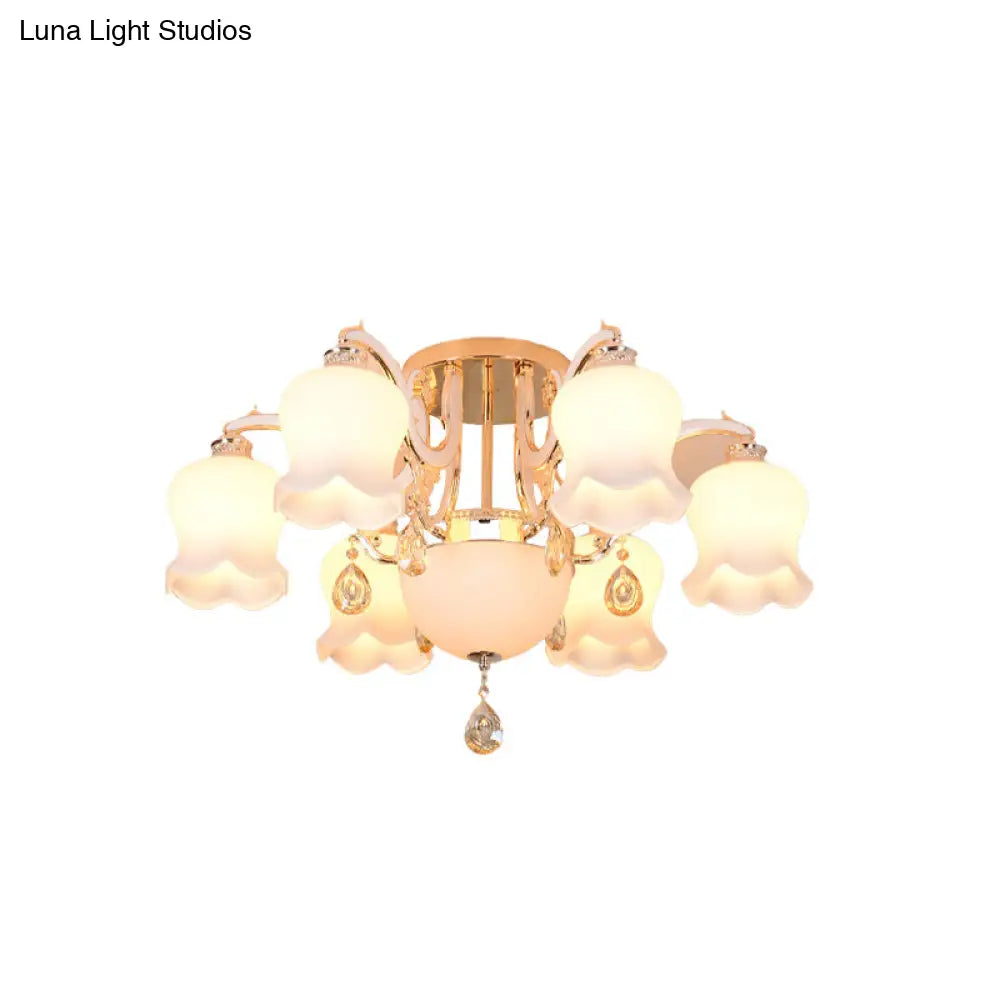 Opal Glass Semi Flush Ceiling Light With Crystal Drop - Traditional Scalloped Design In Gold