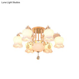Opal Glass Semi Flush Ceiling Light With Crystal Drop - Traditional Scalloped Design In Gold