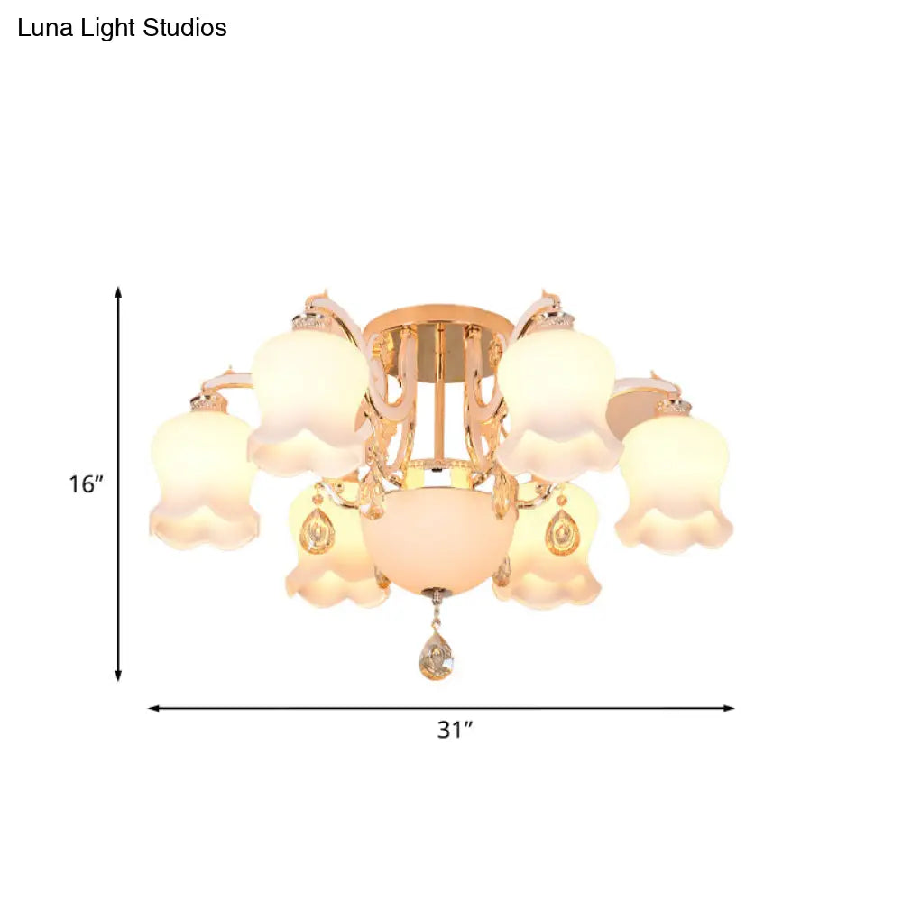Opal Glass Semi Flush Ceiling Light With Crystal Drop - Traditional Scalloped Design In Gold