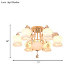 Opal Glass Semi Flush Ceiling Light With Crystal Drop - Traditional Scalloped Design In Gold