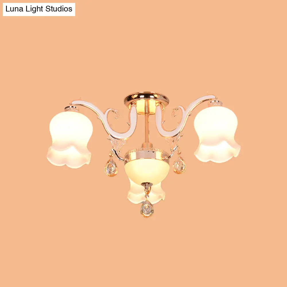 Opal Glass Semi Flush Ceiling Light With Crystal Drop - Traditional Scalloped Design In Gold