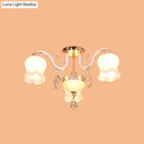 Opal Glass Semi Flush Ceiling Light With Crystal Drop - Traditional Scalloped Design In Gold