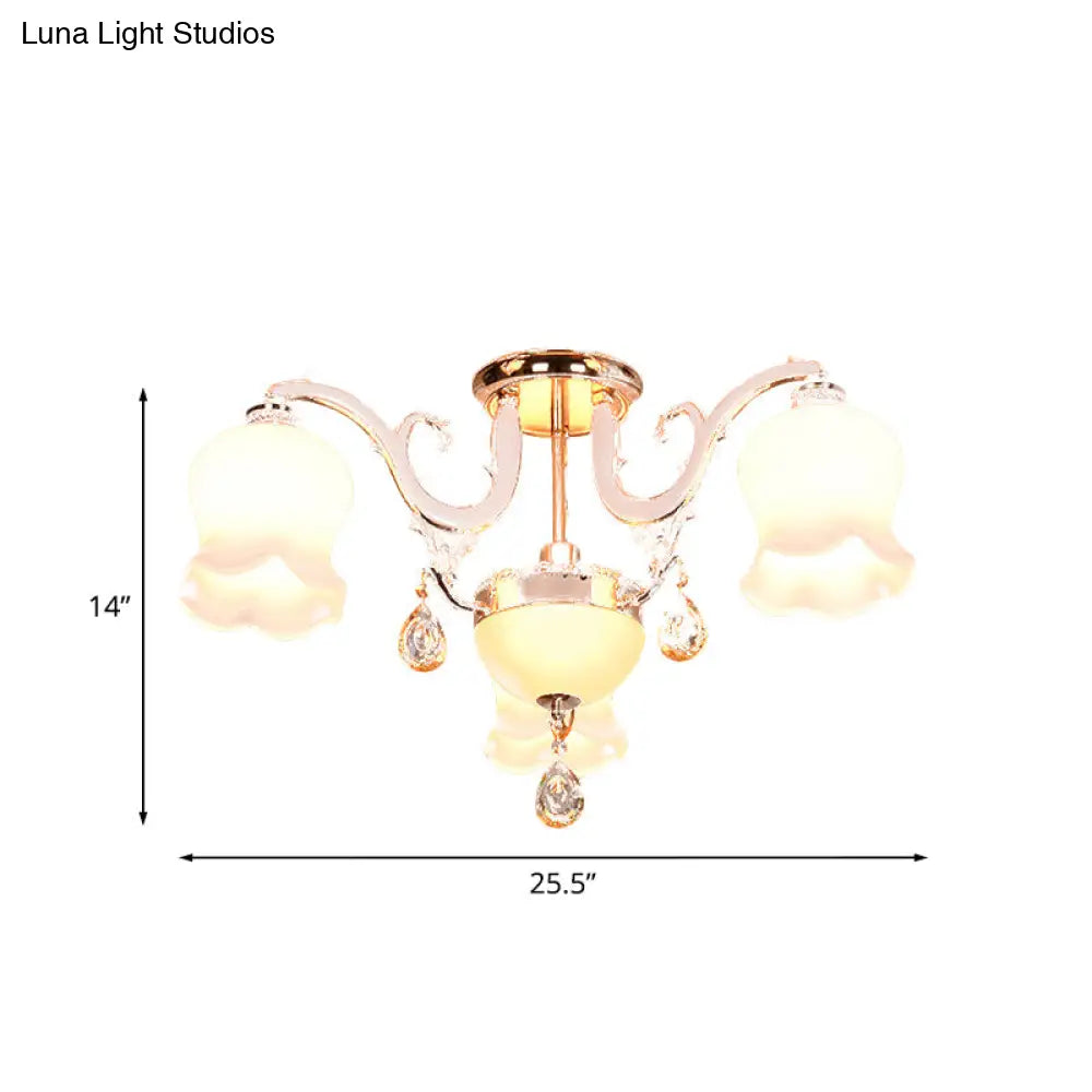 Opal Glass Semi Flush Ceiling Light With Crystal Drop - Traditional Scalloped Design In Gold