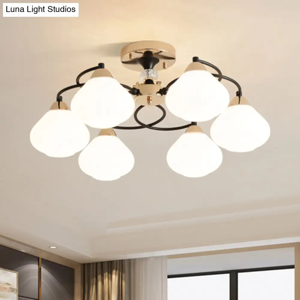 Opal Glass Semi Flushmount Light - Elegant Urn Shade 6 Heads White Ceiling Lamp For Living Room
