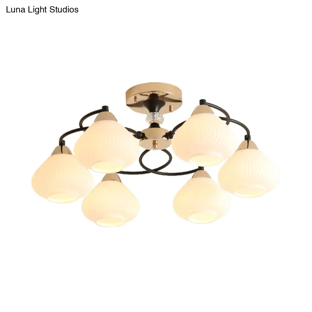 Opal Glass Semi Flushmount Light - Elegant Urn Shade 6 Heads White Ceiling Lamp For Living Room