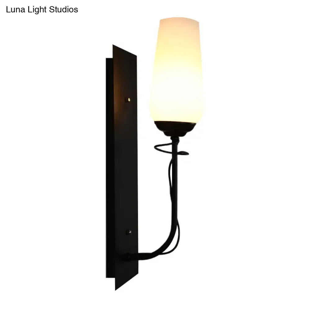 Opal Glass Vintage Style Tapered Wall Lamp - Single Light Black Sconce For Living Room