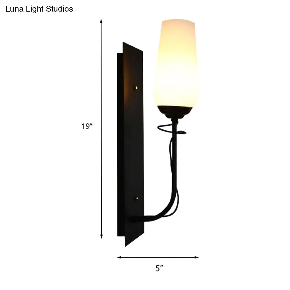 Opal Glass Vintage Style Tapered Wall Lamp - Single Light Black Sconce For Living Room
