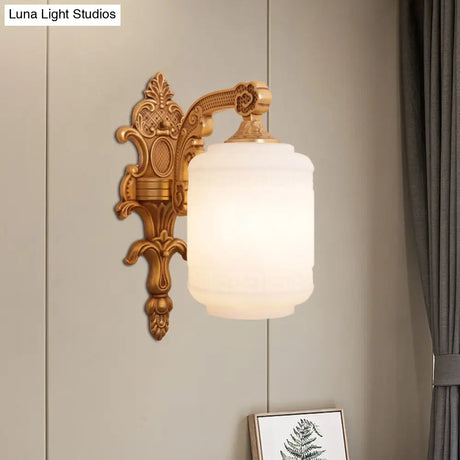Opal Glass Wall Light With Traditional Brass Lantern Shade - Stylish Sconce Lighting For Living Room