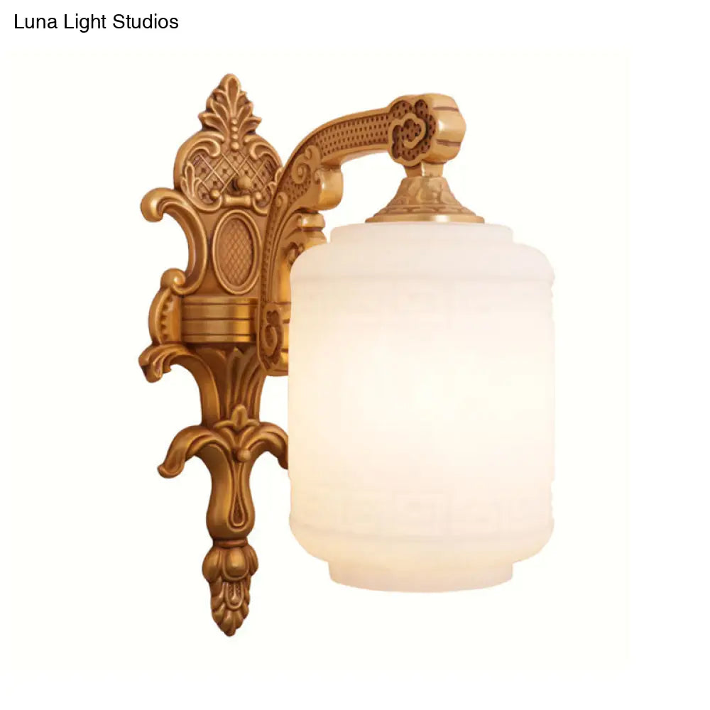 Opal Glass Wall Light With Traditional Brass Lantern Shade - Stylish Sconce Lighting For Living Room