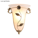 Opal Glass Wall Sconce Lamp: Brass Cone Fixture With Flower Design