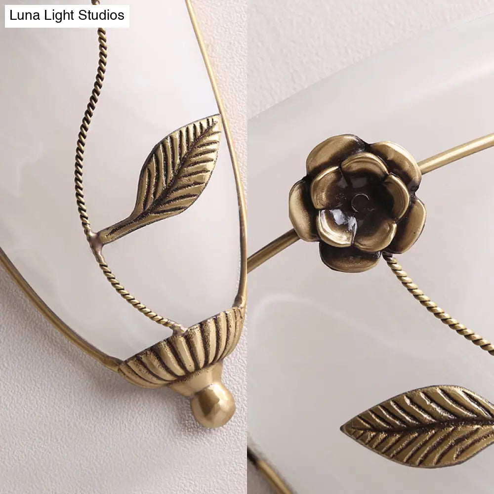 Opal Glass Wall Sconce Lamp: Brass Cone Fixture With Flower Design