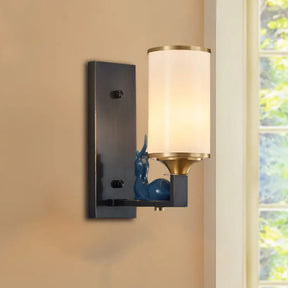 Opal Glass Wall Sconce With Antiqued Column And Rectangular Backplate In White